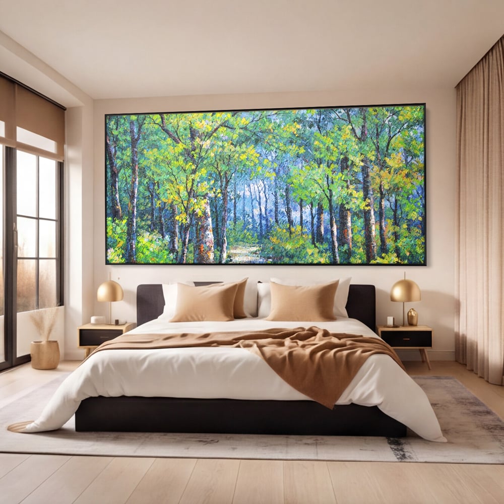 Tablou canvas cu tablou canvas cu peisaj de padure, in rama de aluminiu negru, pe perete intr-un dormitor